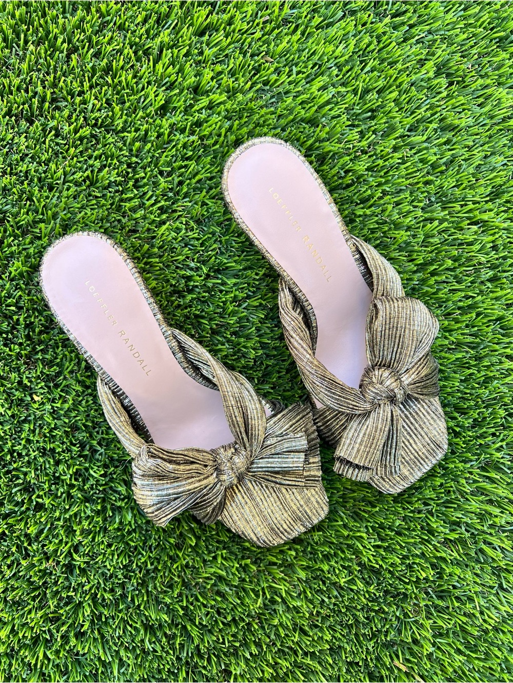 Loeffler Randall‎ Claudia Metallic Ribbon Heel Sandals Size 37 US 7 B Open Toe